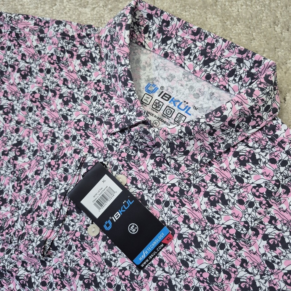 Ibkul Polo Shirt Mens XL Pink Chaos Geometric Performance Stretch Golf Outdoor
